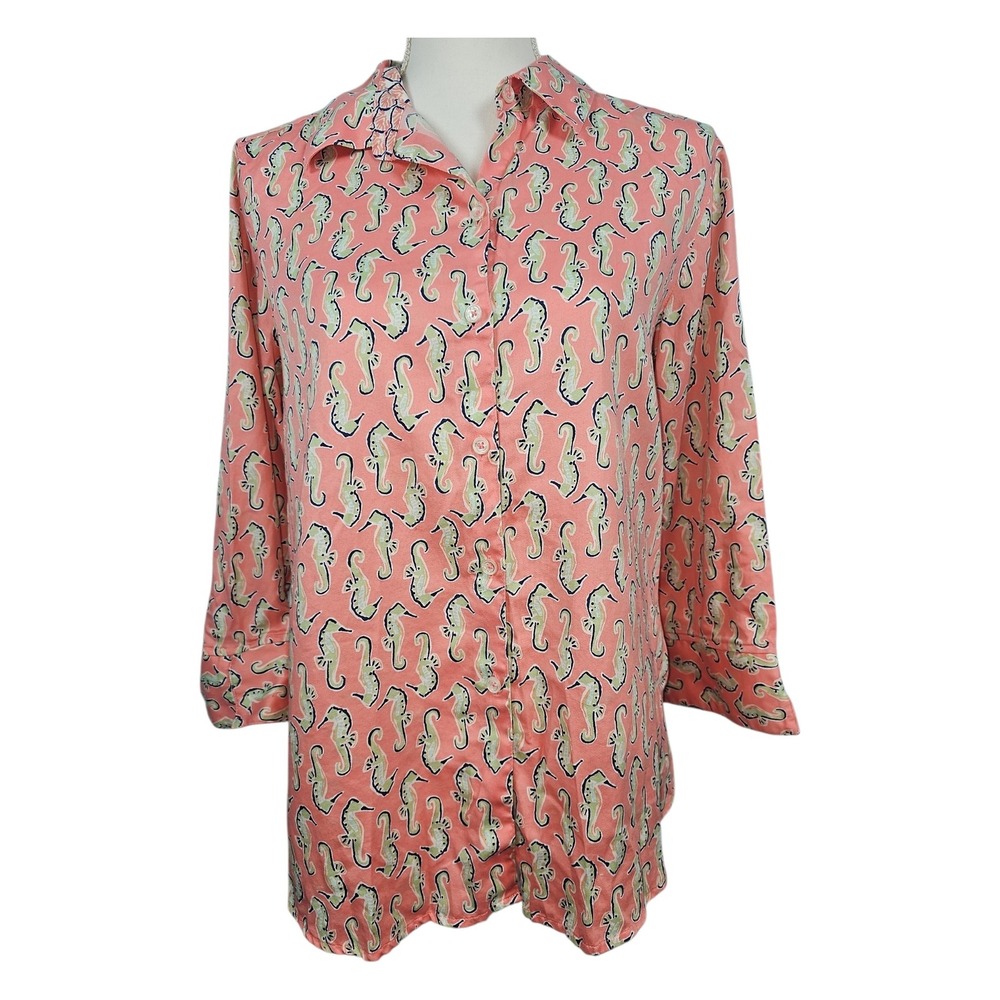 Foxcroft Button Down Shirt Seahorse Print Coral Pink 100% Cotton Women's Size 14
